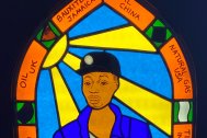Image of stained glass window of a Black Miner created by artist Stella Chadwick
