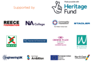 The top left reads 'Supported by', followed by the following logos: National Lottery Heritage Fund,Reece Foundation, NA College, Community Foundation - The Platten Family Fund, Stadler, Nexus, Turner & Townsend, EngineeringUK, Crowne Plaza an IHG Hotel Newcastle - Stephenson Quarter, Women In Transport, North East Ambition, European Union European Social Fund, North East Local Enterprise Partnership.